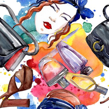 Moda kroki moda glamour çizimde bir suluboya stil öğesi. Giyim aksesuarları trendy moda kıyafet ayarlayın. Suluboya sorunsuz arka plan deseni ayarlayın. Kumaş duvar kağıdı yazdırma doku.