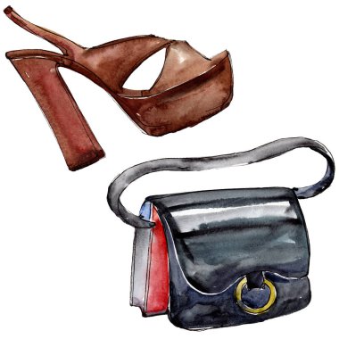 Çanta ve ayakkabı moda glamour çizimde bir suluboya stil izole öğesi kroki. Giyim aksesuarları trendy moda kıyafet ayarlayın. Suluboya arka plan illüstrasyon seti.