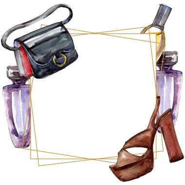 Bir suluboya stil izole öğesi moda kroki. Giyim aksesuarları trendy moda kıyafet ayarlayın. Suluboya arka plan illüstrasyon ayarlayın. Çerçeve kenarlığı süsleme Meydanı.