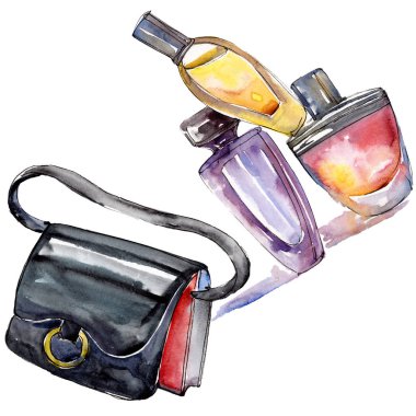 Parfüm ve çanta moda glamour çizimde bir suluboya stil izole öğesi kroki. Giyim aksesuarları trendy moda kıyafet ayarlayın. Suluboya arka plan illüstrasyon seti.