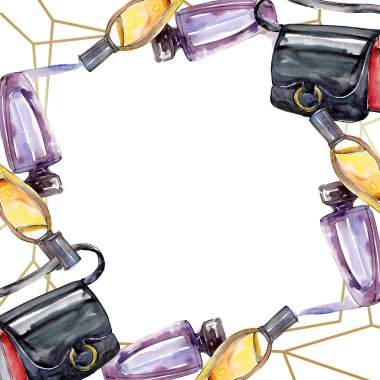 Bir suluboya stil izole öğesi moda kroki. Giyim aksesuarları trendy moda kıyafet ayarlayın. Suluboya arka plan illüstrasyon ayarlayın. Çerçeve kenarlığı süsleme Meydanı.