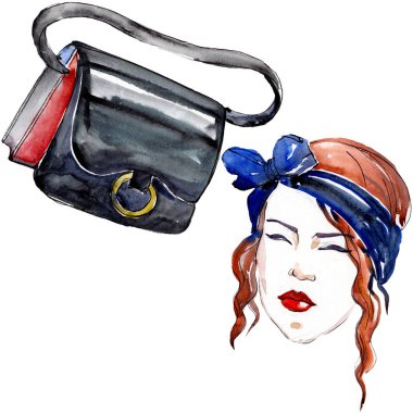 Kız ve çanta moda glamour çizimde bir suluboya stil izole öğesi kroki. Giyim aksesuarları trendy moda kıyafet ayarlayın. Suluboya arka plan illüstrasyon seti.