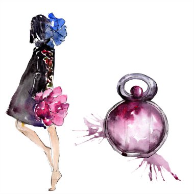 Kadın ve parfüm moda glamour çizimde bir suluboya stil izole öğesi kroki. Giyim aksesuarları trendy moda kıyafet ayarlayın. Suluboya arka plan illüstrasyon seti.