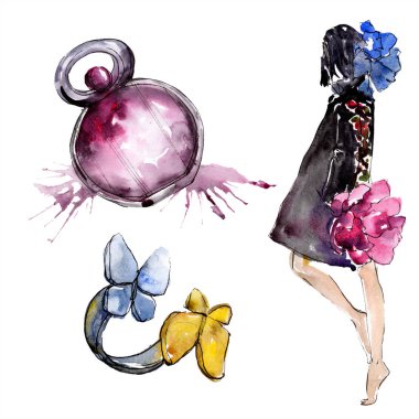 Kadın, yüzük ve parfüm moda glamour çizimde bir suluboya stil izole öğesi kroki. Giyim aksesuarları trendy moda kıyafet ayarlayın. Suluboya arka plan illüstrasyon seti.