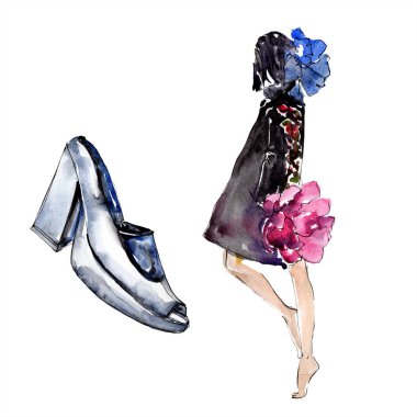 Kadın ve ayakkabı moda glamour çizimde bir suluboya stil izole öğesi kroki. Giyim aksesuarları trendy moda kıyafet ayarlayın. Suluboya arka plan illüstrasyon seti.