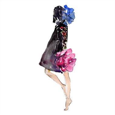 moda glamour çizimde bir suluboya stil izole öğesi kroki. Giyim aksesuarları trendy moda kıyafet ayarlayın. Suluboya arka plan illüstrasyon seti.