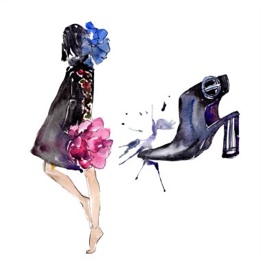 Kadın ve ayakkabı moda glamour çizimde bir suluboya stil izole öğesi kroki. Giyim aksesuarları trendy moda kıyafet ayarlayın. Suluboya arka plan illüstrasyon seti.