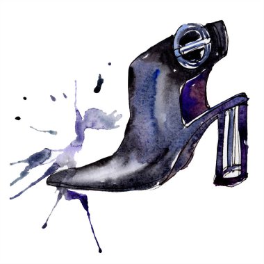 Siyah yüksek topuk ayakkabı moda glamour çizimde bir suluboya stil izole öğesi kroki. Giyim aksesuarları trendy moda kıyafet ayarlayın. Suluboya arka plan illüstrasyon seti.