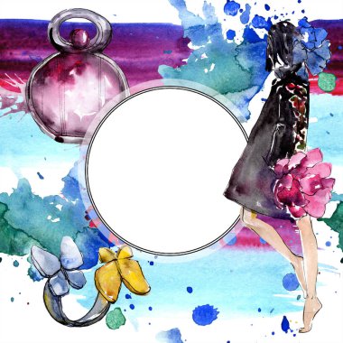 Bir suluboya stil izole öğesi moda kroki. Giyim aksesuarları trendy moda kıyafet ayarlayın. Suluboya arka plan illüstrasyon ayarlayın. Çerçeve kenarlığı süsleme Meydanı.