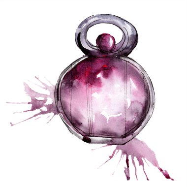 Parfüm kroki moda glamour çizimde bir suluboya stil izole öğesi. Giyim aksesuarları trendy moda kıyafet ayarlayın. Suluboya arka plan illüstrasyon seti.