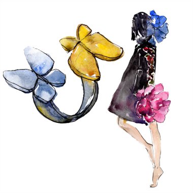 Kadın ve yüzük moda glamour çizimde bir suluboya stil izole öğesi kroki. Giyim aksesuarları trendy moda kıyafet ayarlayın. Suluboya arka plan illüstrasyon seti.