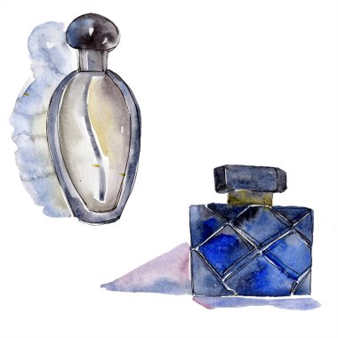 Parfüm kroki moda glamour çizimde bir suluboya stil izole öğesi. Giyim aksesuarları trendy moda kıyafet ayarlayın. Suluboya arka plan illüstrasyon seti.