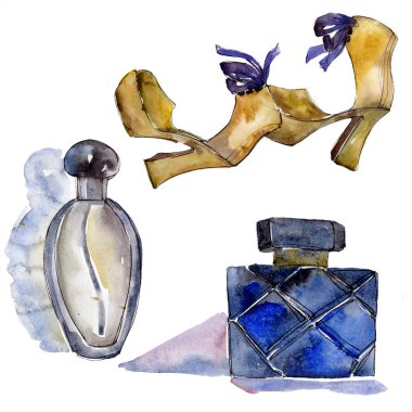 Ayakkabı ve parfüm moda glamour çizimde bir suluboya stil izole öğesi kroki. Giyim aksesuarları trendy moda kıyafet ayarlayın. Suluboya arka plan illüstrasyon seti.