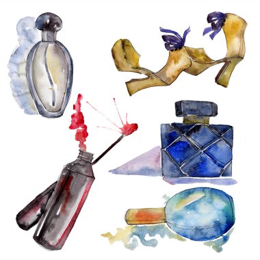 Dudak parlatıcısı, Ayakkabı ve parfüm moda glamour çizimde bir suluboya stil izole öğesi kroki. Giyim aksesuarları trendy moda kıyafet ayarlayın. Suluboya arka plan illüstrasyon seti.
