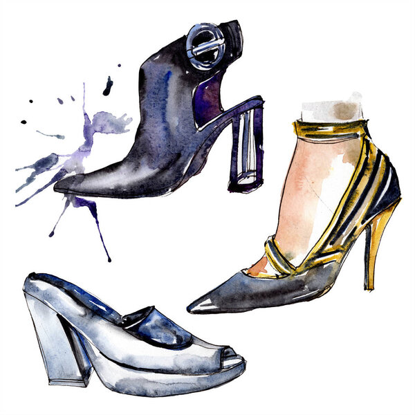 Black high heel shoes sketch fashion glamour illustration in a watercolor style isolated element. Clothes accessories set trendy vogue outfit. Watercolour background illustration set.