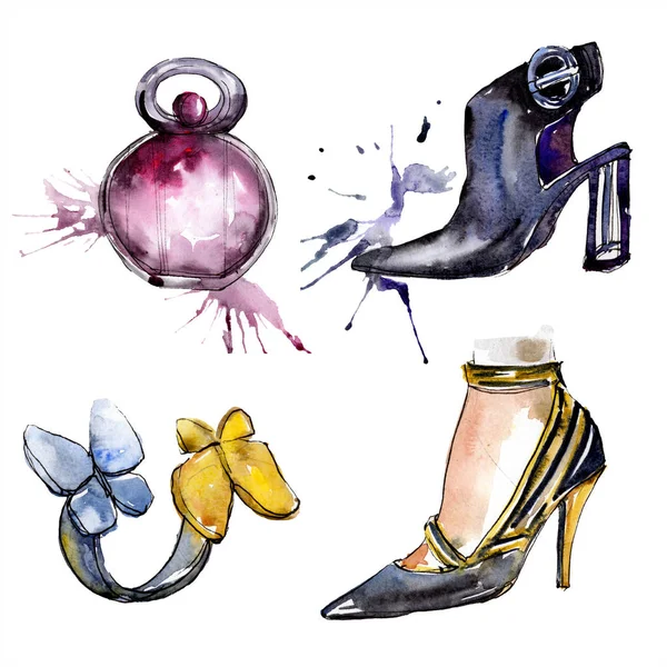 Shoes Ring Perfume Sketch Fashion Glamour Illustration Watercolor Style Isolated — Stock Photo, Image