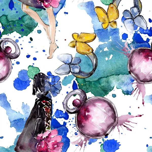 Gambaran glamor mode sketsa Fashionable dalam elemen gaya cat air. Aksesoris pakaian mengatur pakaian vogue trendi. Warna air mengatur pola latar belakang mulus. Tekstur cetak wallpaper kain
. — Stok Gambar Gambaran Glamor Mode Sketsa Fashionable Dalam Elemen Gaya Cat Air Stok Foto