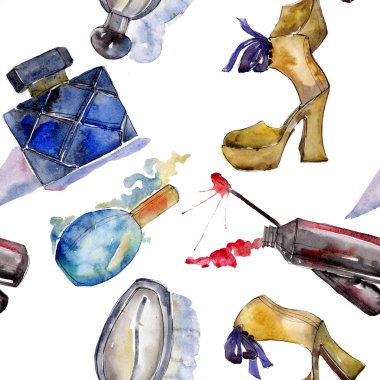 Moda kroki moda glamour çizimde bir suluboya stil öğesi. Giyim aksesuarları trendy moda kıyafet ayarlayın. Suluboya sorunsuz arka plan deseni ayarlayın. Kumaş duvar kağıdı yazdırma doku.