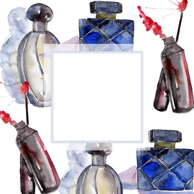 Bir suluboya stil izole öğesi moda kroki. Giyim aksesuarları trendy moda kıyafet ayarlayın. Suluboya arka plan illüstrasyon ayarlayın. Çerçeve kenarlığı süsleme Meydanı.