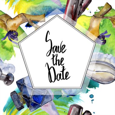 Bir suluboya stil izole öğesi moda kroki. Giyim aksesuarları trendy moda kıyafet ayarlayın. Suluboya arka plan illüstrasyon ayarlayın. Çerçeve kenarlığı süsleme Meydanı.