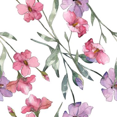 Pembe ve mor keten botanik çiçek. Vahşi bahar yaprak izole. Suluboya resim kümesi. Suluboya çizim moda aquarelle. Sorunsuz arka plan deseni. Kumaş duvar kağıdı yazdırma doku.