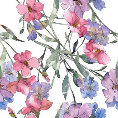 Pembe ve mor keten botanik çiçek. Vahşi bahar yaprak izole. Suluboya resim kümesi. Suluboya çizim moda aquarelle. Sorunsuz arka plan deseni. Kumaş duvar kağıdı yazdırma doku.
