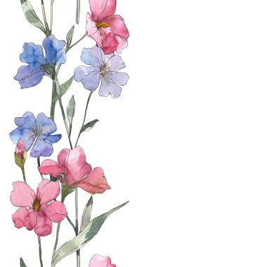 Pembe ve mor keten botanik çiçek. Vahşi bahar yaprak izole. Suluboya resim kümesi. Suluboya çizim moda aquarelle. Sorunsuz arka plan deseni. Kumaş duvar kağıdı yazdırma doku.