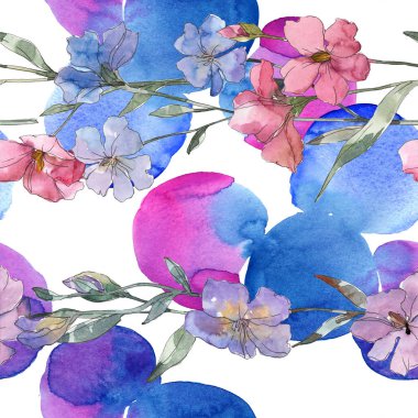 Pembe ve mor keten botanik çiçek. Vahşi bahar yaprak izole. Suluboya resim kümesi. Suluboya çizim moda aquarelle. Sorunsuz arka plan deseni. Kumaş duvar kağıdı yazdırma doku.