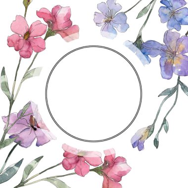 Pembe ve mor keten botanik çiçek. Vahşi bahar yaprak izole kır çiçeği. Suluboya arka plan illüstrasyon küme. Suluboya çizim moda aquarelle. Çerçeve kenarlığı süsleme Meydanı.