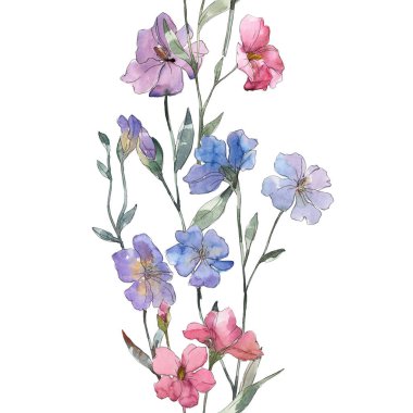Pembe ve mor keten botanik çiçek. Vahşi bahar yaprak izole. Suluboya resim kümesi. Suluboya çizim moda aquarelle. Sorunsuz arka plan deseni. Kumaş duvar kağıdı yazdırma doku.