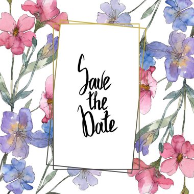 Pembe ve mor keten botanik çiçek. Vahşi bahar yaprak izole kır çiçeği. Suluboya arka plan illüstrasyon küme. Suluboya çizim moda aquarelle. Çerçeve kenarlığı süsleme Meydanı.