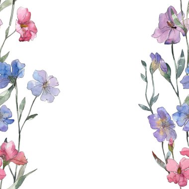 Pembe ve mor keten botanik çiçek. Vahşi bahar yaprak izole. Suluboya resim kümesi. Suluboya çizim moda aquarelle. Sorunsuz arka plan deseni. Kumaş duvar kağıdı yazdırma doku.