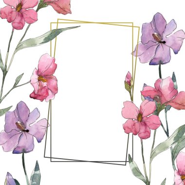 Pembe ve mor keten botanik çiçek. Vahşi bahar yaprak izole kır çiçeği. Suluboya arka plan illüstrasyon küme. Suluboya çizim moda aquarelle. Çerçeve kenarlığı süsleme Meydanı.