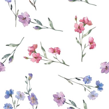 Pembe ve mor keten botanik çiçek. Vahşi bahar yaprak izole. Suluboya resim kümesi. Suluboya çizim moda aquarelle. Sorunsuz arka plan deseni. Kumaş duvar kağıdı yazdırma doku.