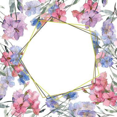 Pembe ve mor keten botanik çiçek. Vahşi bahar yaprak izole kır çiçeği. Suluboya arka plan illüstrasyon küme. Suluboya çizim moda aquarelle. Çerçeve kenarlığı süsleme Meydanı.