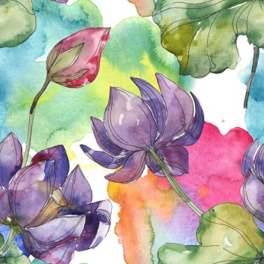 Pembe ve mor lotus botanik çiçek. Vahşi bahar yaprak izole. Suluboya resim kümesi. Suluboya çizim moda aquarelle. Sorunsuz arka plan deseni. Kumaş duvar kağıdı yazdırma doku.