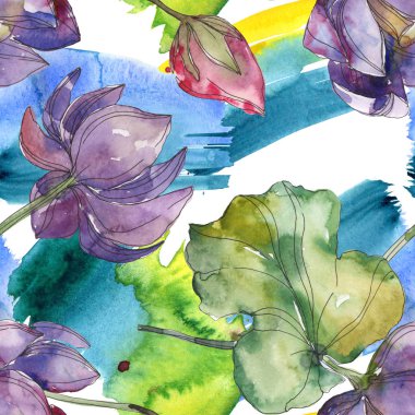 Pembe ve mor lotus botanik çiçek. Vahşi bahar yaprak izole. Suluboya resim kümesi. Suluboya çizim moda aquarelle. Sorunsuz arka plan deseni. Kumaş duvar kağıdı yazdırma doku.