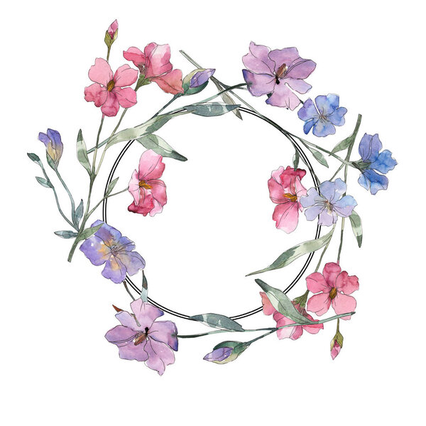 Pink and purple flax floral botanical flower. Wild spring leaf wildflower isolated. Watercolor background illustration set. Watercolour drawing fashion aquarelle. Frame border ornament square.