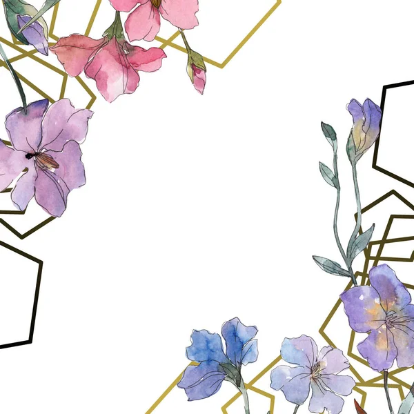 粉红色和紫色亚麻花卉植物花 野生春叶野花分离 水彩背景插图集 水彩画时尚水彩画 框架边框装饰正方形 — 图库照片