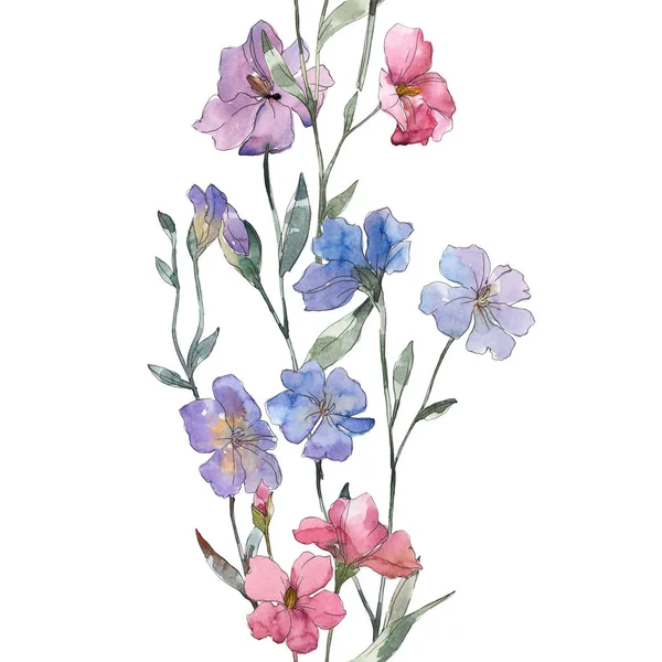 Pembe ve mor keten botanik çiçek. Vahşi bahar yaprak izole. Suluboya resim kümesi. Suluboya çizim moda aquarelle. Sorunsuz arka plan deseni. Kumaş duvar kağıdı yazdırma doku.