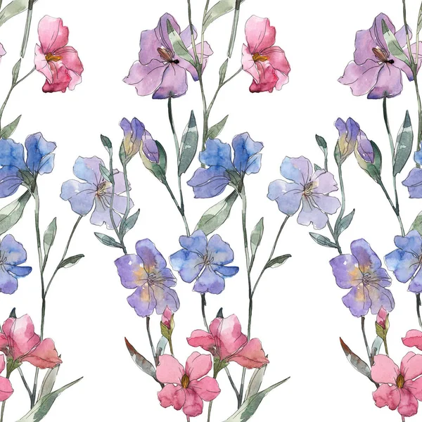 Рожево Фіолетова Льонова Ботанічна Квітка Дикий Весняний Лист Ізольований Набір — стокове фото