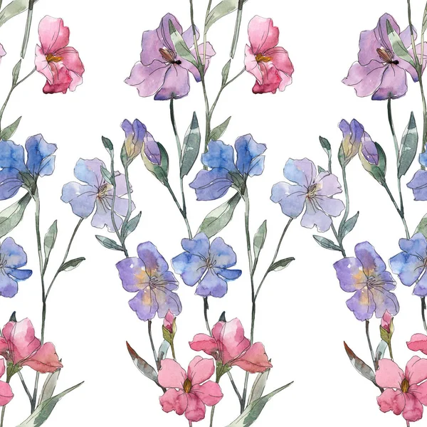 Pembe ve mor keten botanik çiçek. Vahşi bahar yaprak izole. Suluboya resim kümesi. Suluboya çizim moda aquarelle. Sorunsuz arka plan deseni. Kumaş duvar kağıdı yazdırma doku.