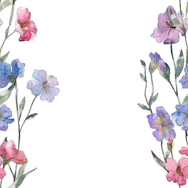 Pink and purple flax botanical flower. Wild spring leaf isolated. Watercolor illustration set. Watercolour drawing fashion aquarelle. Seamless background pattern. Fabric wallpaper print texture.