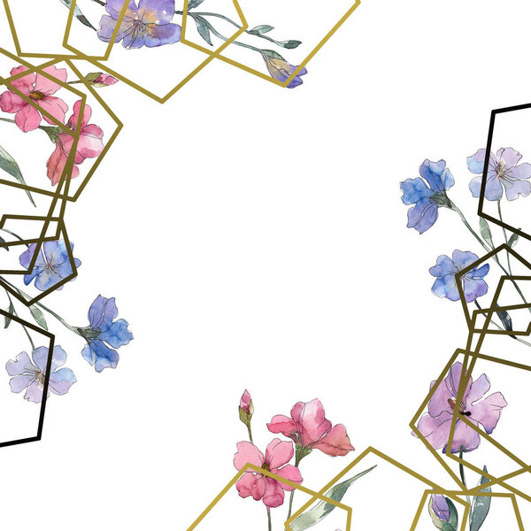 Ботанический цветок розовый и фиолетовый лен. Дикий весенний цветок изолирован. Набор акварельных фонов. Акварель для рисования акварелью. Граничный орнамент
.