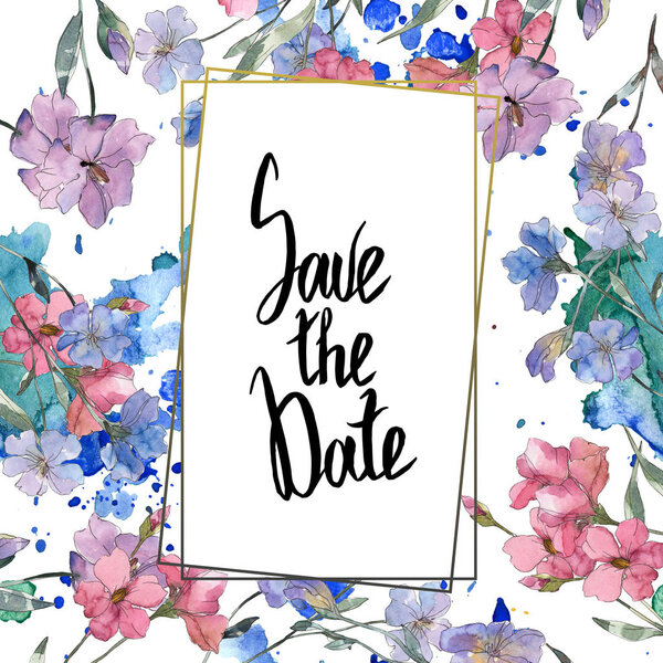 Ботанический цветок розовый и фиолетовый лен. Дикий весенний цветок изолирован. Набор акварельных фонов. Акварель для рисования акварелью. Граничный орнамент
.