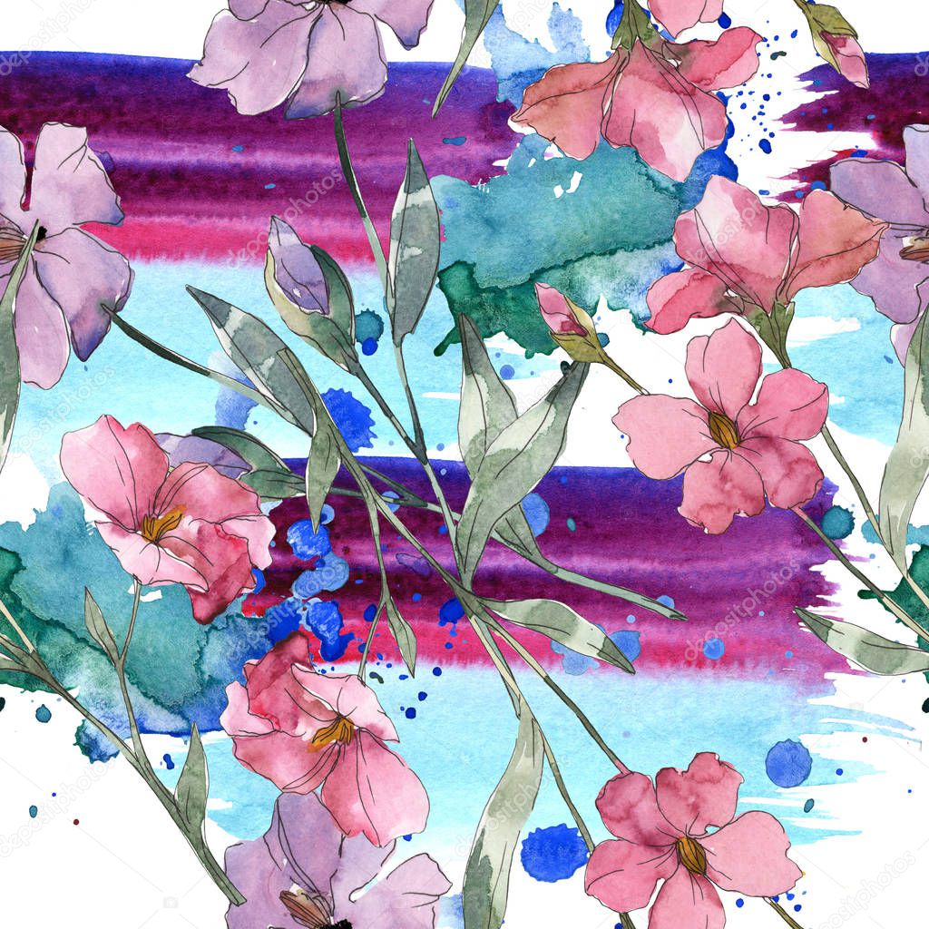 Pink and purple flax botanical flower. Wild spring leaf isolated. Watercolor illustration set. Watercolour drawing fashion aquarelle. Seamless background pattern. Fabric wallpaper print texture.