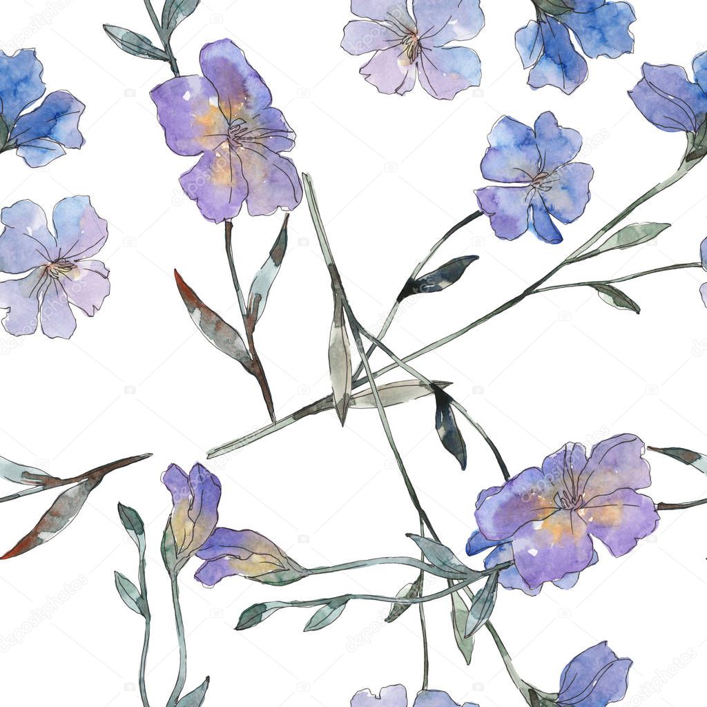 Pink and purple flax botanical flower. Wild spring leaf isolated. Watercolor illustration set. Watercolour drawing fashion aquarelle. Seamless background pattern. Fabric wallpaper print texture.