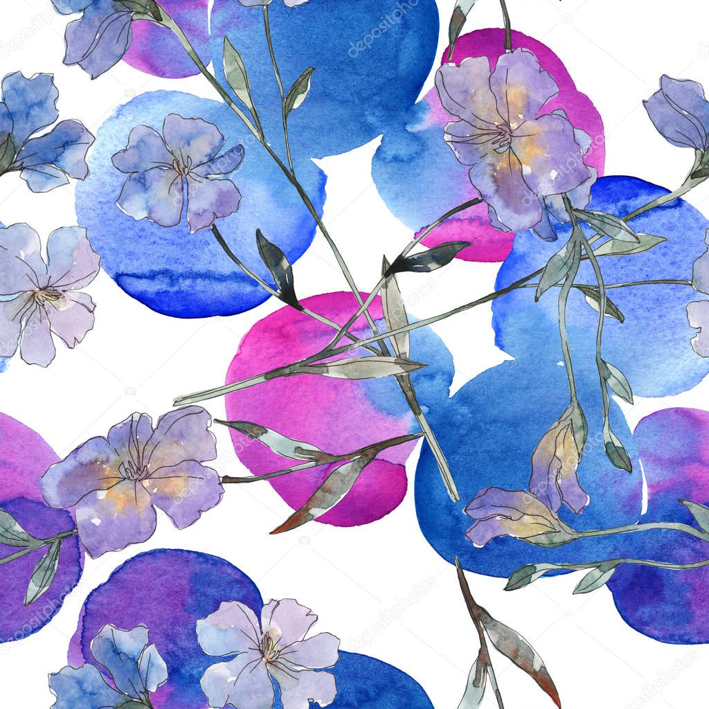 Pink and purple flax botanical flower. Wild spring leaf isolated. Watercolor illustration set. Watercolour drawing fashion aquarelle. Seamless background pattern. Fabric wallpaper print texture.