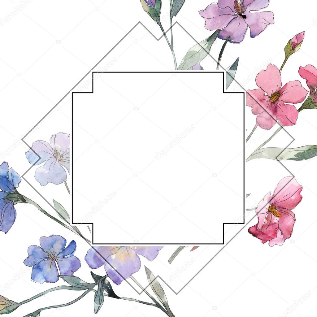 Pink and purple flax floral botanical flower. Wild spring leaf wildflower isolated. Watercolor background illustration set. Watercolour drawing fashion aquarelle. Frame border ornament square.