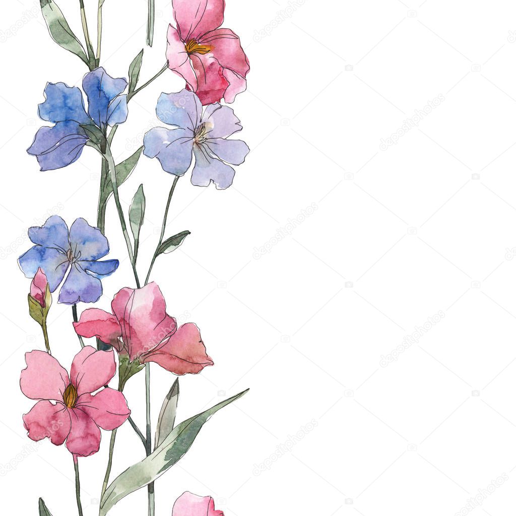 Pink and purple flax botanical flower. Wild spring leaf isolated. Watercolor illustration set. Watercolour drawing fashion aquarelle. Seamless background pattern. Fabric wallpaper print texture.